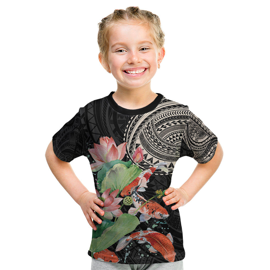 Personalized Japanese Koi Fish Kid T Shirt with Polynesian Pattern LT9 Black - Polynesian Pride