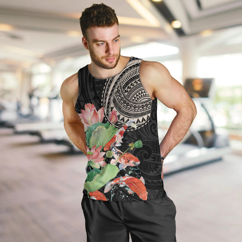 Personalized Japanese Koi Fish Men Tank Top with Polynesian Pattern LT9 Black - Polynesian Pride