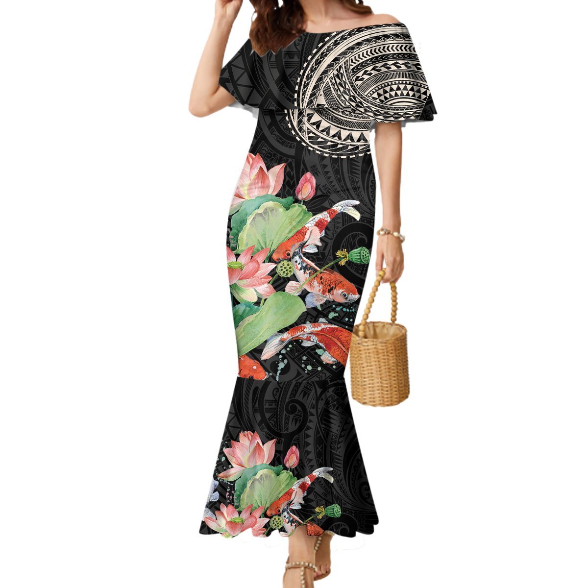 Personalized Japanese Koi Fish Mermaid Dress with Polynesian Pattern LT9 Women Black - Polynesian Pride