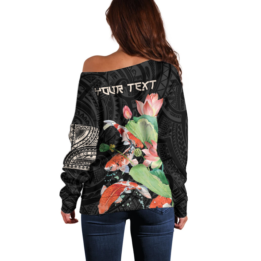 Personalized Japanese Koi Fish Off Shoulder Sweater with Polynesian Pattern