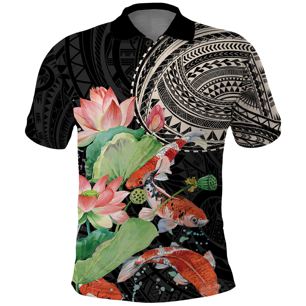 Personalized Japanese Koi Fish Polo Shirt with Polynesian Pattern