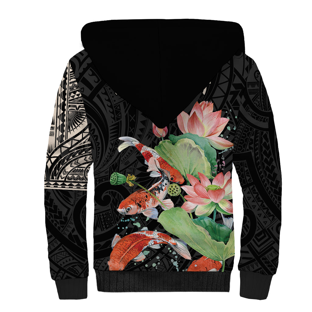 Personalized Japanese Koi Fish Sherpa Hoodie with Polynesian Pattern