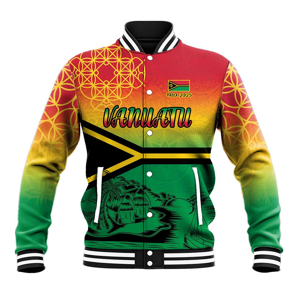 Hapi 45th Indipendens Dei Vanuatu Baseball Jacket Yumi 1980 with Vanuatuan Beach Landscape