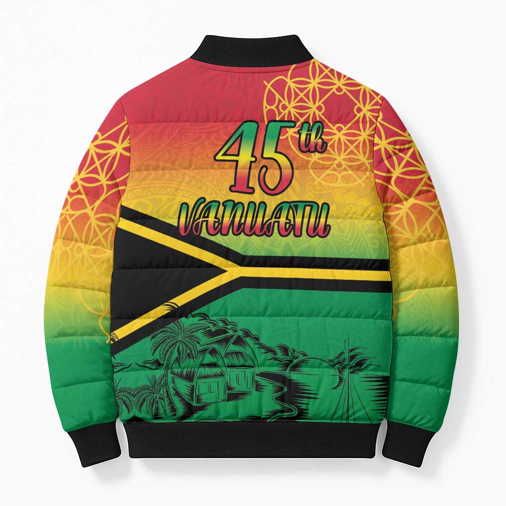 Hapi 45th Indipendens Dei Vanuatu Bomber Puffer Jacket Yumi 1980 with Vanuatuan Beach Landscape - Polynesian Pride