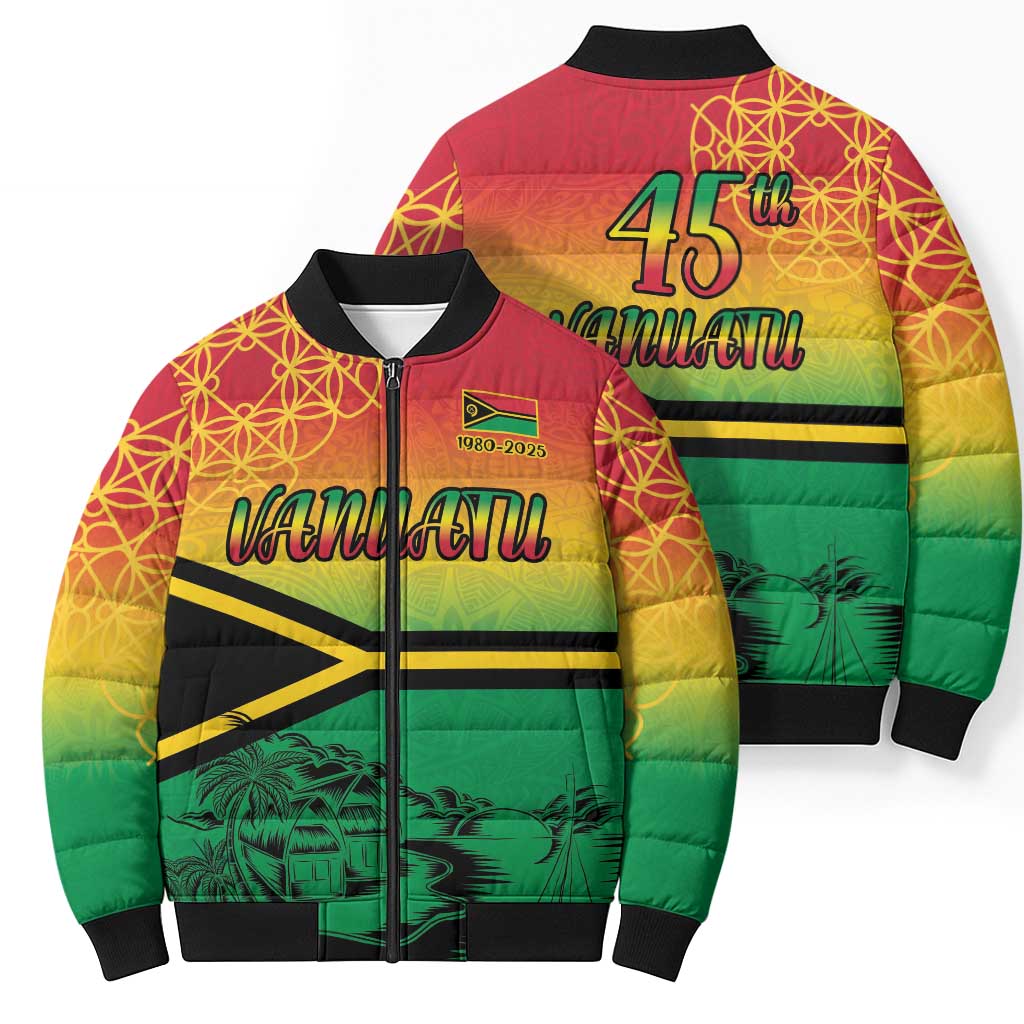 Hapi 45th Indipendens Dei Vanuatu Bomber Puffer Jacket Yumi 1980 with Vanuatuan Beach Landscape - Polynesian Pride
