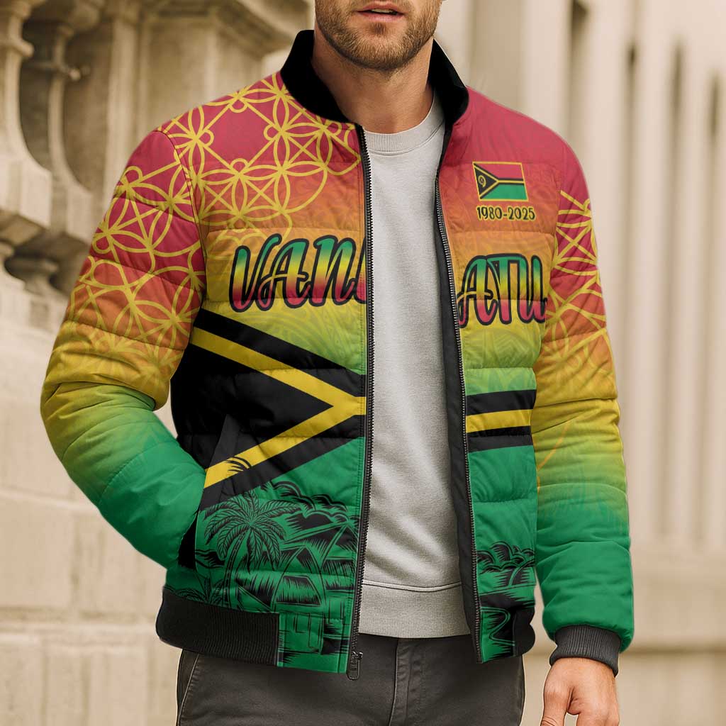 Hapi 45th Indipendens Dei Vanuatu Bomber Puffer Jacket Yumi 1980 with Vanuatuan Beach Landscape - Polynesian Pride
