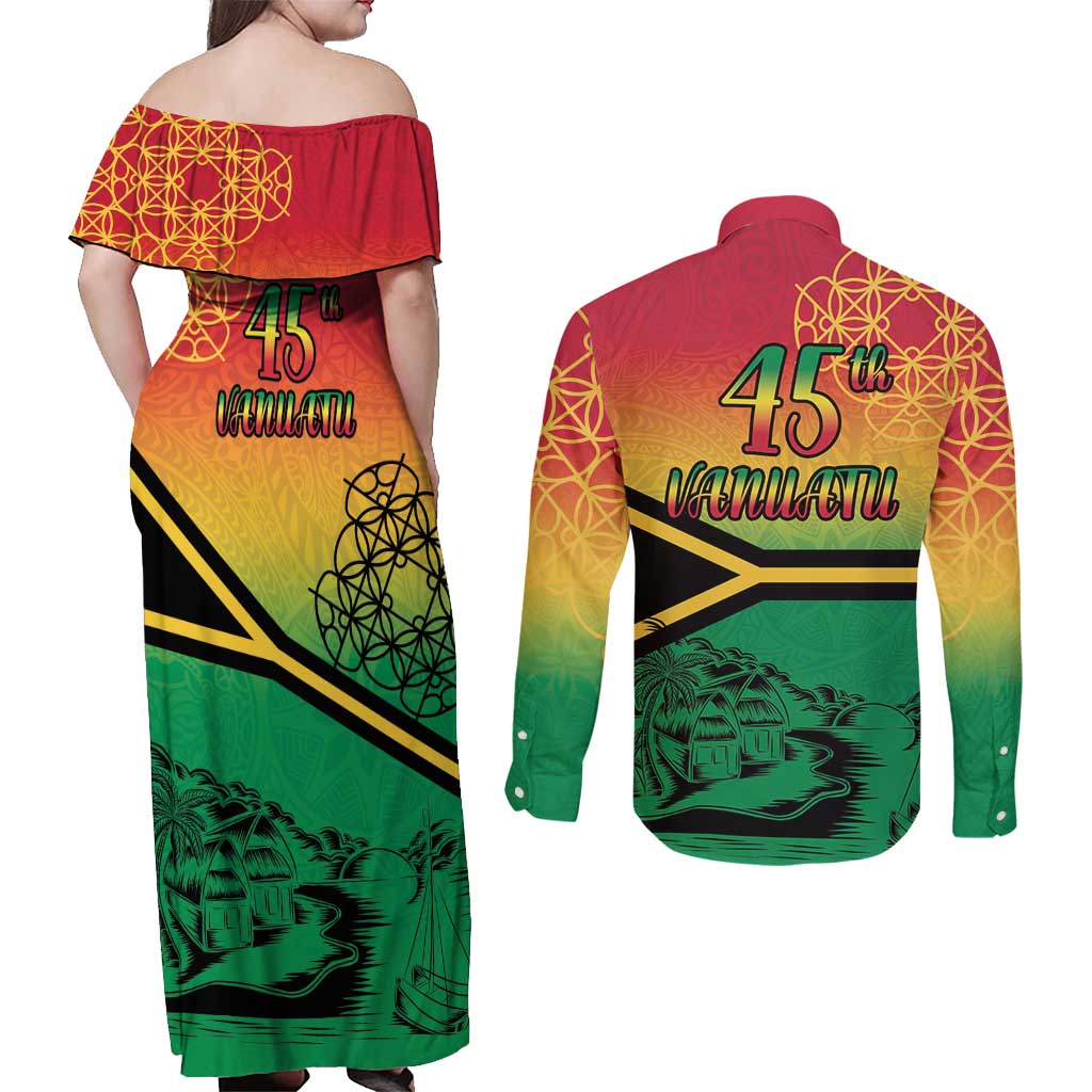 Hapi 45th Indipendens Dei Vanuatu Couples Matching Off Shoulder Maxi Dress and Long Sleeve Button Shirt Yumi 1980 with Vanuatuan Beach Landscape