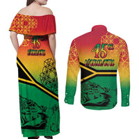Hapi 45th Indipendens Dei Vanuatu Couples Matching Off Shoulder Maxi Dress and Long Sleeve Button Shirt Yumi 1980 with Vanuatuan Beach Landscape