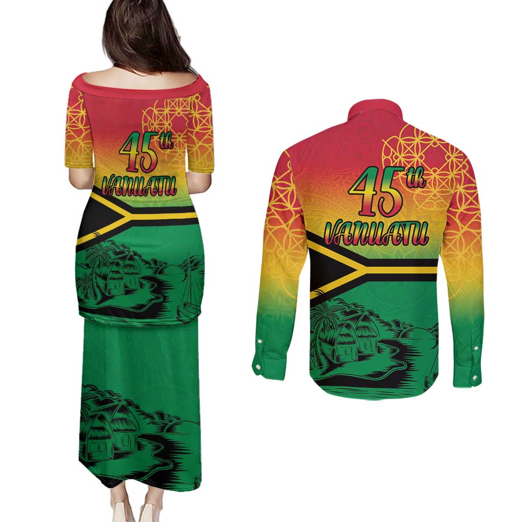 Hapi 45th Indipendens Dei Vanuatu Couples Matching Puletasi and Long Sleeve Button Shirt Yumi 1980 with Vanuatuan Beach Landscape