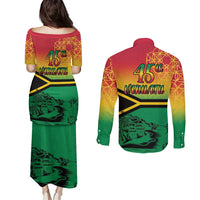 Hapi 45th Indipendens Dei Vanuatu Couples Matching Puletasi and Long Sleeve Button Shirt Yumi 1980 with Vanuatuan Beach Landscape