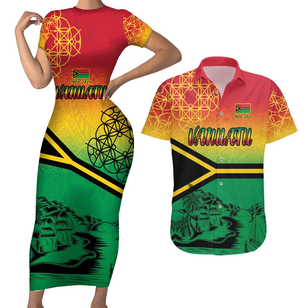 Hapi 45th Indipendens Dei Vanuatu Couples Matching Short Sleeve Bodycon Dress and Hawaiian Shirt Yumi 1980 with Vanuatuan Beach Landscape