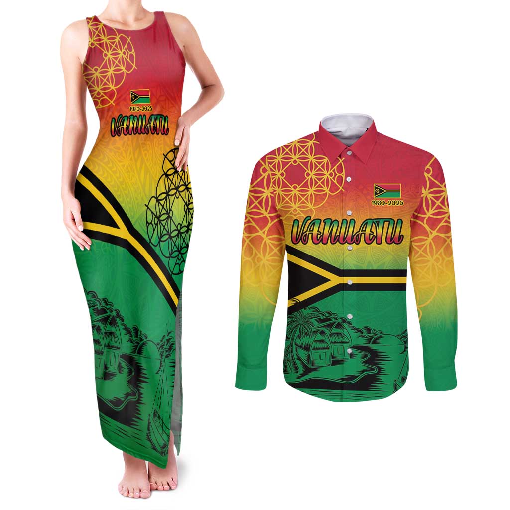 Hapi 45th Indipendens Dei Vanuatu Couples Matching Tank Maxi Dress and Long Sleeve Button Shirt Yumi 1980 with Vanuatuan Beach Landscape