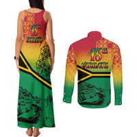Hapi 45th Indipendens Dei Vanuatu Couples Matching Tank Maxi Dress and Long Sleeve Button Shirt Yumi 1980 with Vanuatuan Beach Landscape