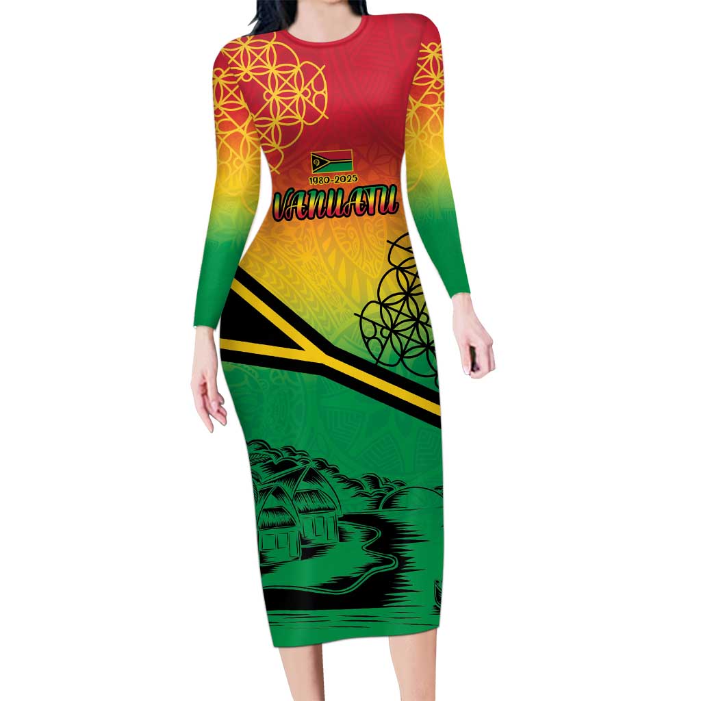 Hapi 45th Indipendens Dei Vanuatu Family Matching Long Sleeve Bodycon Dress and Hawaiian Shirt Yumi 1980 with Vanuatuan Beach Landscape