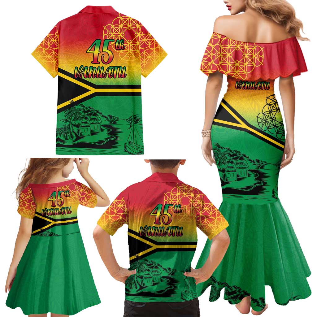 Hapi 45th Indipendens Dei Vanuatu Family Matching Mermaid Dress and Hawaiian Shirt Yumi 1980 with Vanuatuan Beach Landscape