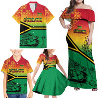 Hapi 45th Indipendens Dei Vanuatu Family Matching Off Shoulder Maxi Dress and Hawaiian Shirt Yumi 1980 with Vanuatuan Beach Landscape