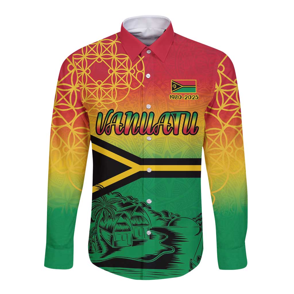 Hapi 45th Indipendens Dei Vanuatu Long Sleeve Button Shirt Yumi 1980 with Vanuatuan Beach Landscape