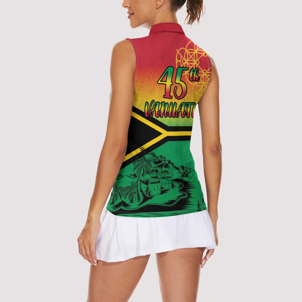 Hapi 45th Indipendens Dei Vanuatu Women Sleeveless Polo Shirt Yumi 1980 with Vanuatuan Beach Landscape