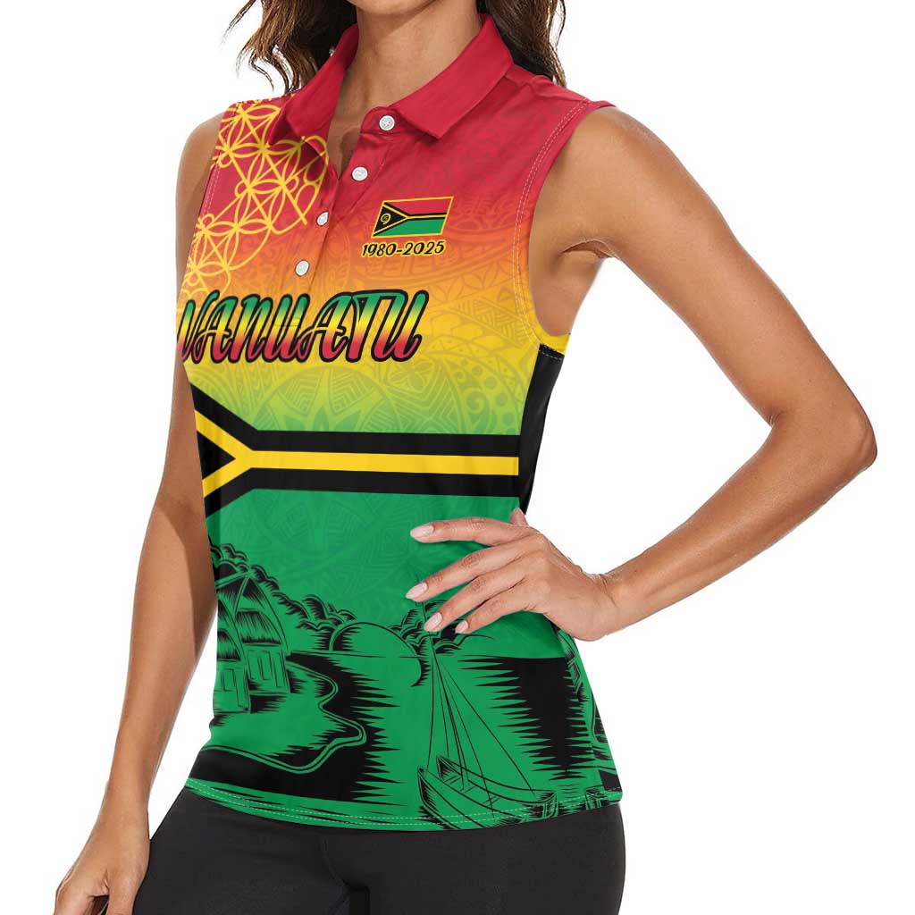 Hapi 45th Indipendens Dei Vanuatu Women Sleeveless Polo Shirt Yumi 1980 with Vanuatuan Beach Landscape