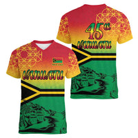 Hapi 45th Indipendens Dei Vanuatu Women V-Neck T-Shirt Yumi 1980 with Vanuatuan Beach Landscape