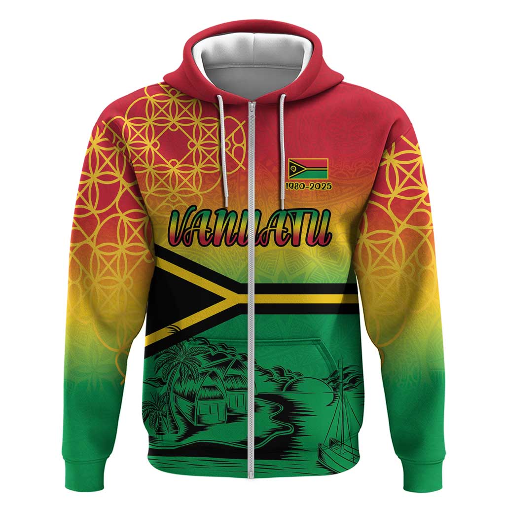 Hapi 45th Indipendens Dei Vanuatu Zip Hoodie Yumi 1980 with Vanuatuan Beach Landscape