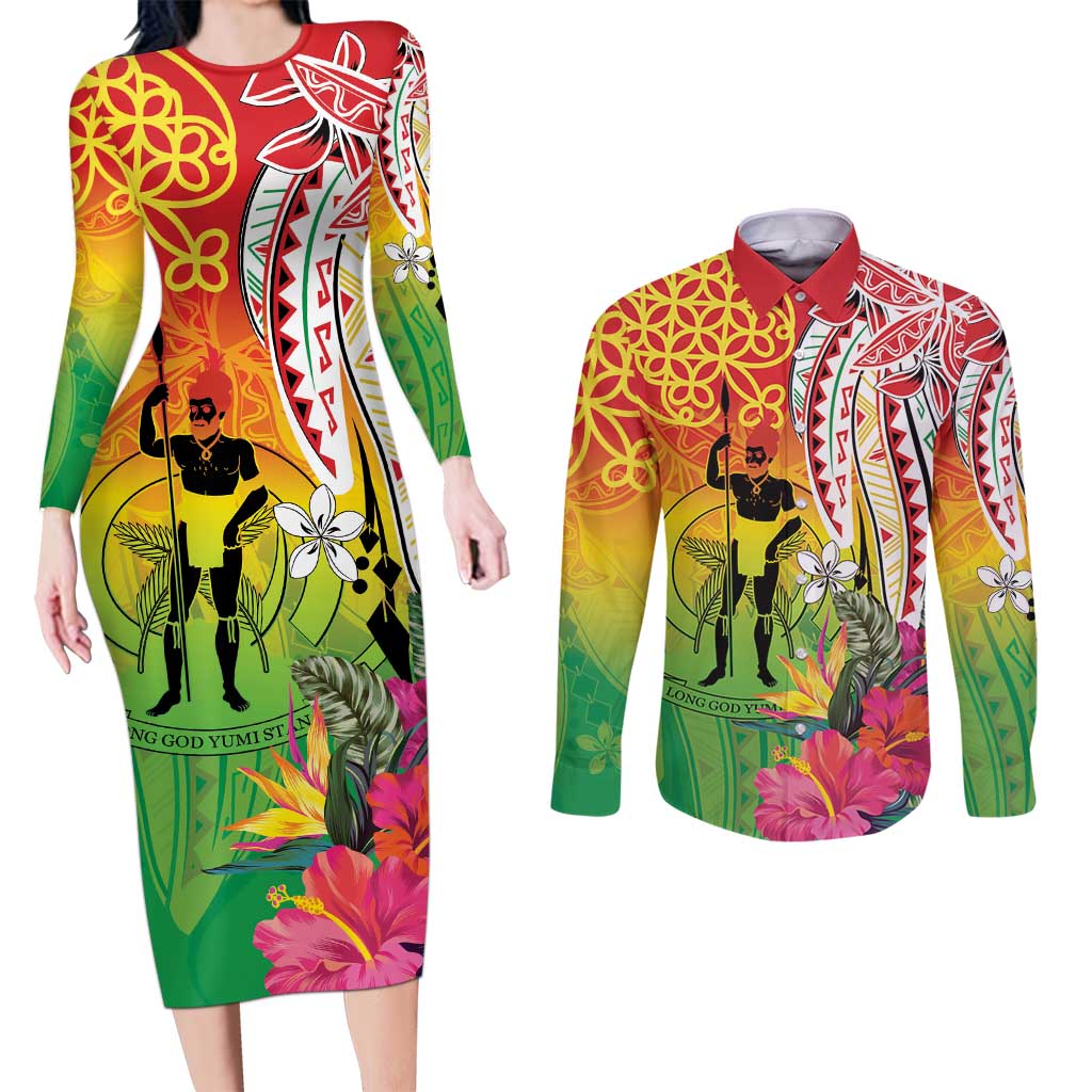 Vanuatu 45th Anniversary Couples Matching Long Sleeve Bodycon Dress and Long Sleeve Button Shirt Polynesian with Sand Drawing Pattern