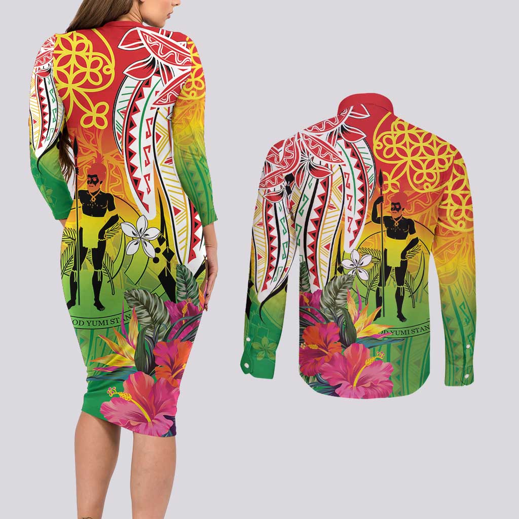 Vanuatu 45th Anniversary Couples Matching Long Sleeve Bodycon Dress and Long Sleeve Button Shirt Polynesian with Sand Drawing Pattern
