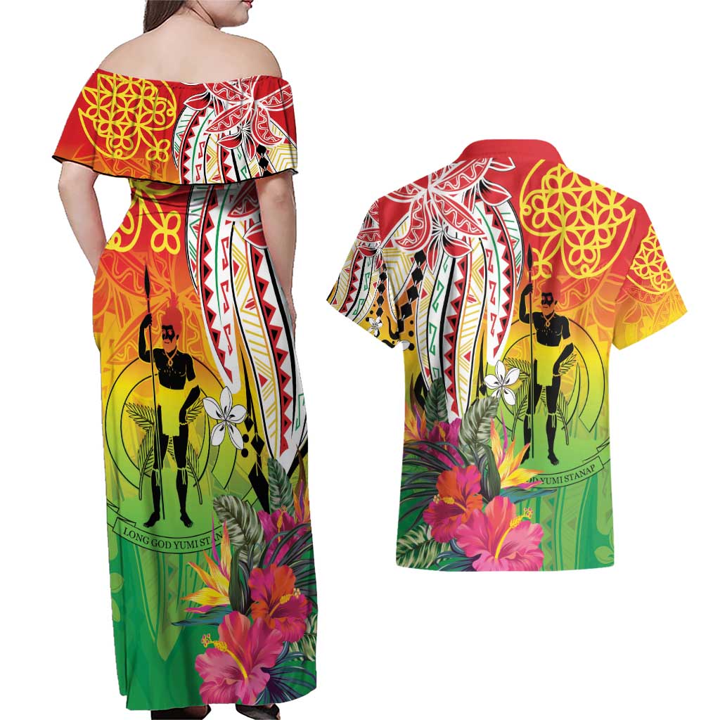 Vanuatu 45th Anniversary Couples Matching Off Shoulder Maxi Dress and Hawaiian Shirt Polynesian with Sand Drawing Pattern