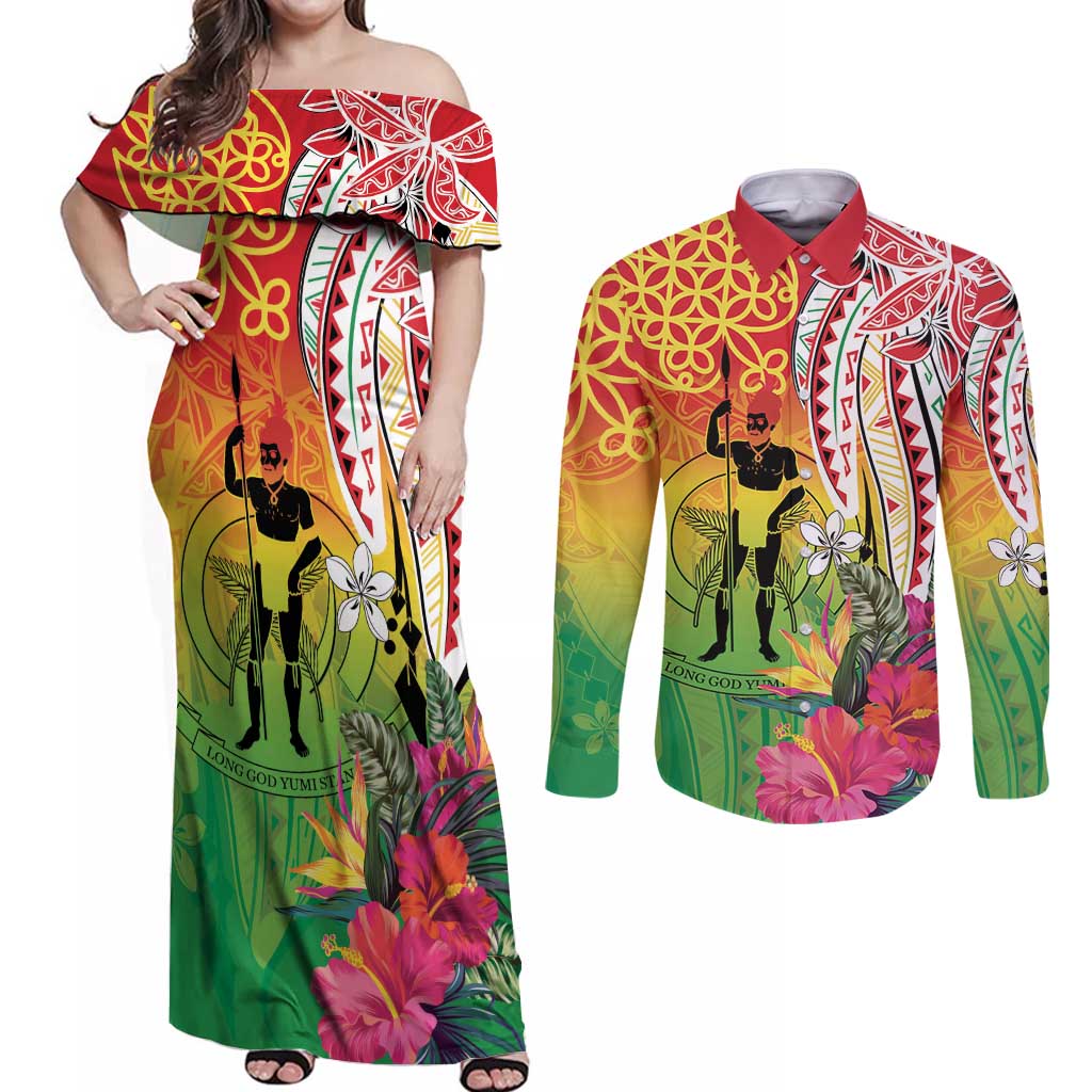 Vanuatu 45th Anniversary Couples Matching Off Shoulder Maxi Dress and Long Sleeve Button Shirt Polynesian with Sand Drawing Pattern