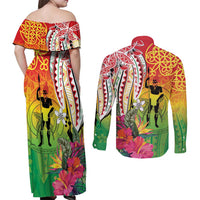Vanuatu 45th Anniversary Couples Matching Off Shoulder Maxi Dress and Long Sleeve Button Shirt Polynesian with Sand Drawing Pattern