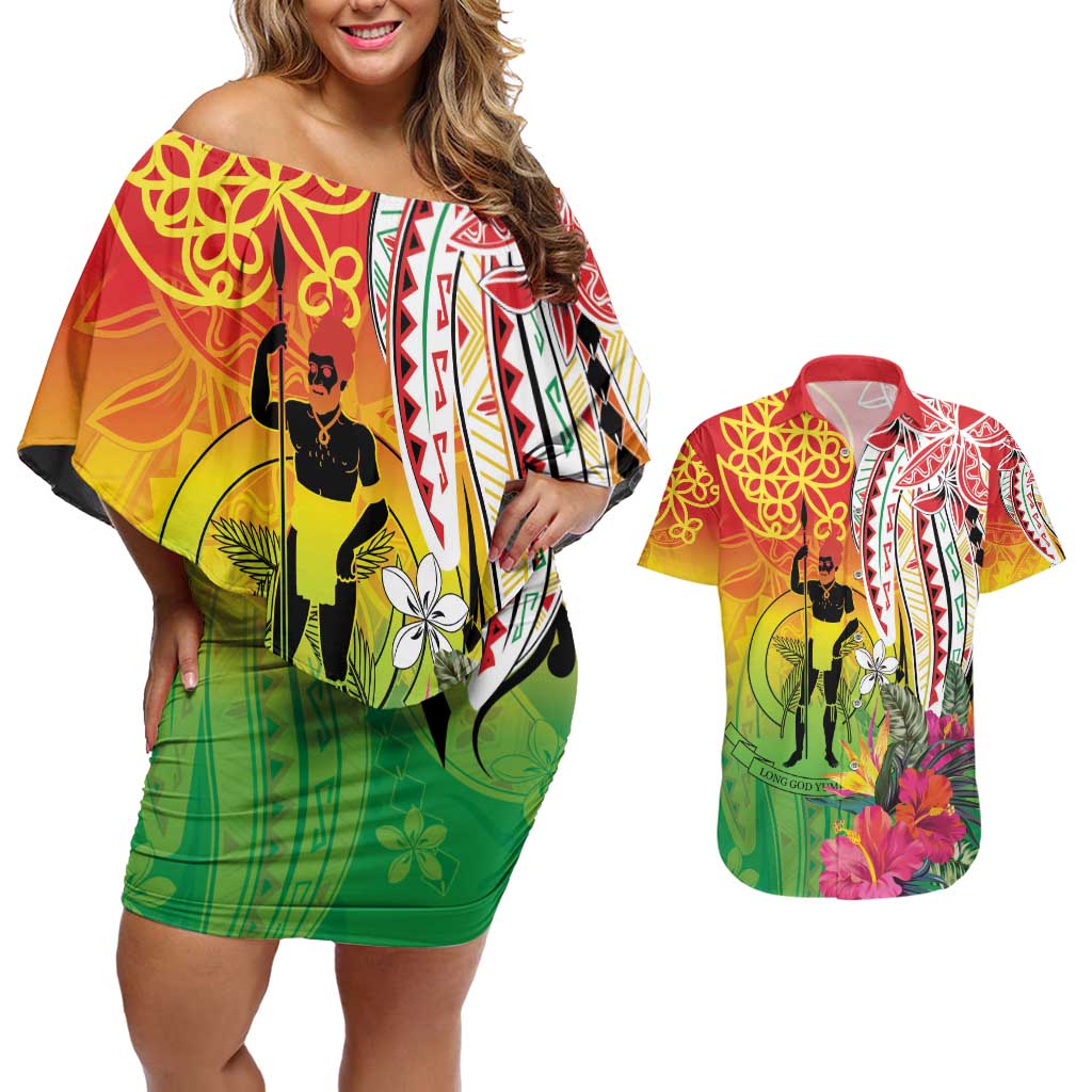 Vanuatu 45th Anniversary Couples Matching Off Shoulder Short Dress and Hawaiian Shirt Polynesian with Sand Drawing Pattern