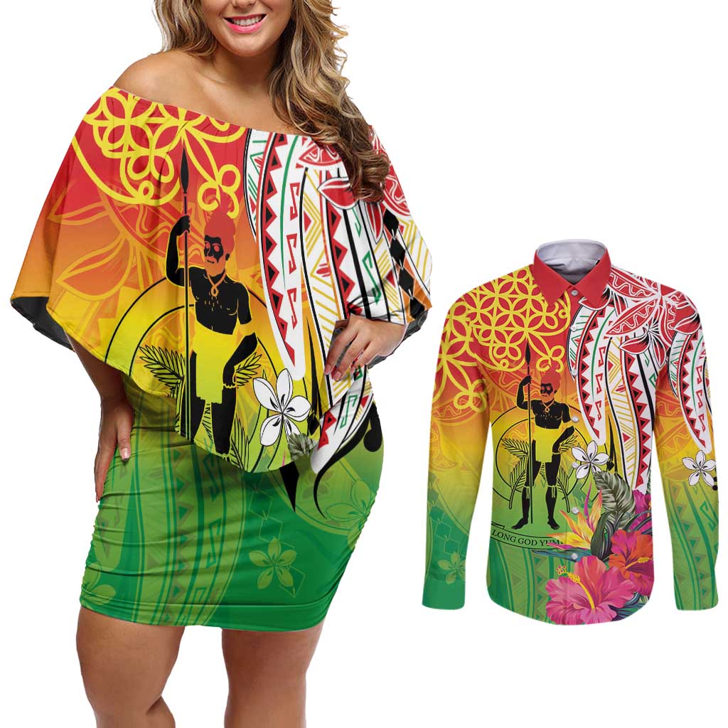 Vanuatu 45th Anniversary Couples Matching Off Shoulder Short Dress and Long Sleeve Button Shirt Polynesian with Sand Drawing Pattern