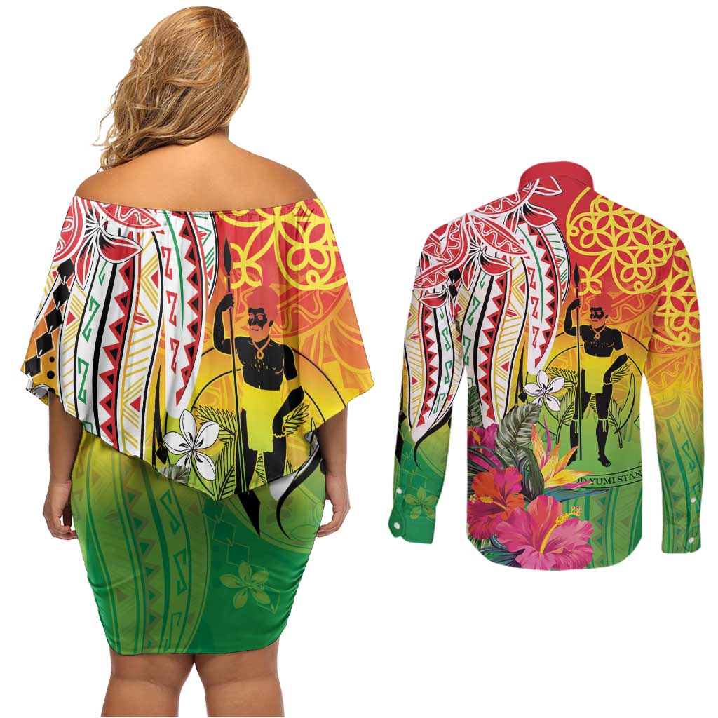 Vanuatu 45th Anniversary Couples Matching Off Shoulder Short Dress and Long Sleeve Button Shirt Polynesian with Sand Drawing Pattern