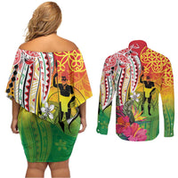 Vanuatu 45th Anniversary Couples Matching Off Shoulder Short Dress and Long Sleeve Button Shirt Polynesian with Sand Drawing Pattern