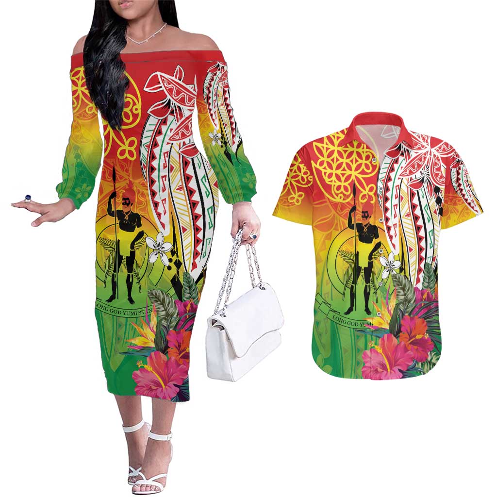 Vanuatu 45th Anniversary Couples Matching Off The Shoulder Long Sleeve Dress and Hawaiian Shirt Polynesian with Sand Drawing Pattern