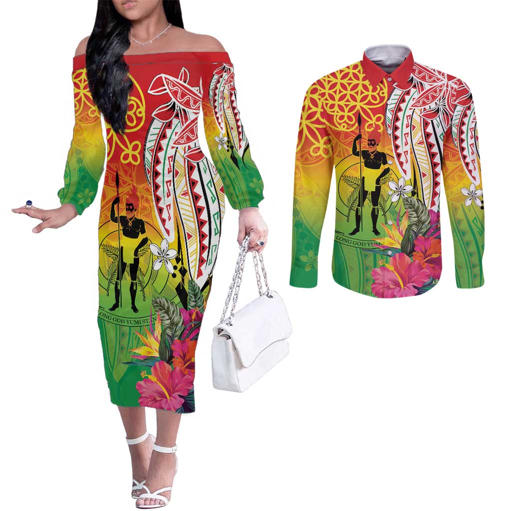 Vanuatu 45th Anniversary Couples Matching Off The Shoulder Long Sleeve Dress and Long Sleeve Button Shirt Polynesian with Sand Drawing Pattern