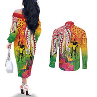 Vanuatu 45th Anniversary Couples Matching Off The Shoulder Long Sleeve Dress and Long Sleeve Button Shirt Polynesian with Sand Drawing Pattern