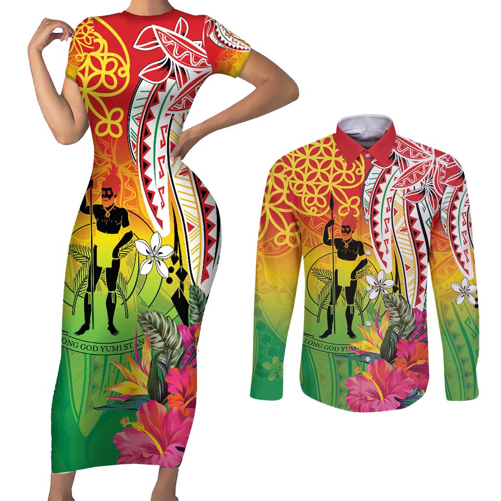 Vanuatu 45th Anniversary Couples Matching Short Sleeve Bodycon Dress and Long Sleeve Button Shirt Polynesian with Sand Drawing Pattern