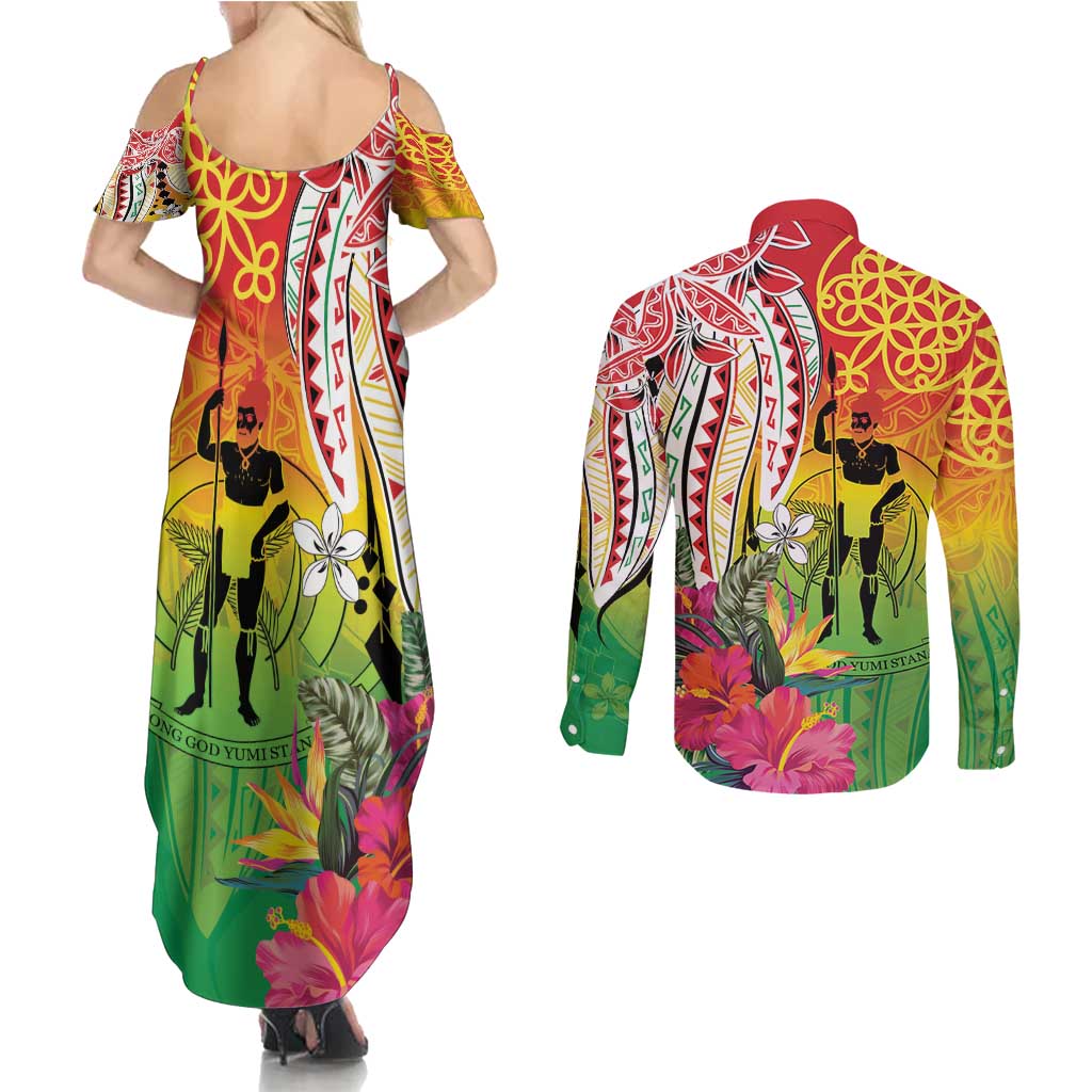 Vanuatu 45th Anniversary Couples Matching Summer Maxi Dress and Long Sleeve Button Shirt Polynesian with Sand Drawing Pattern