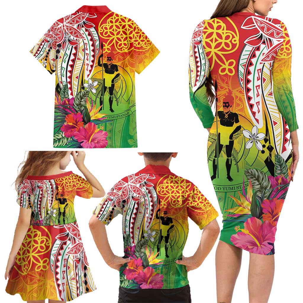 Vanuatu 45th Anniversary Family Matching Long Sleeve Bodycon Dress and Hawaiian Shirt Polynesian with Sand Drawing Pattern