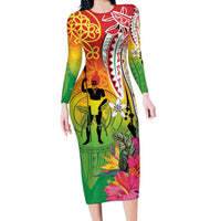 Vanuatu 45th Anniversary Family Matching Long Sleeve Bodycon Dress and Hawaiian Shirt Polynesian with Sand Drawing Pattern