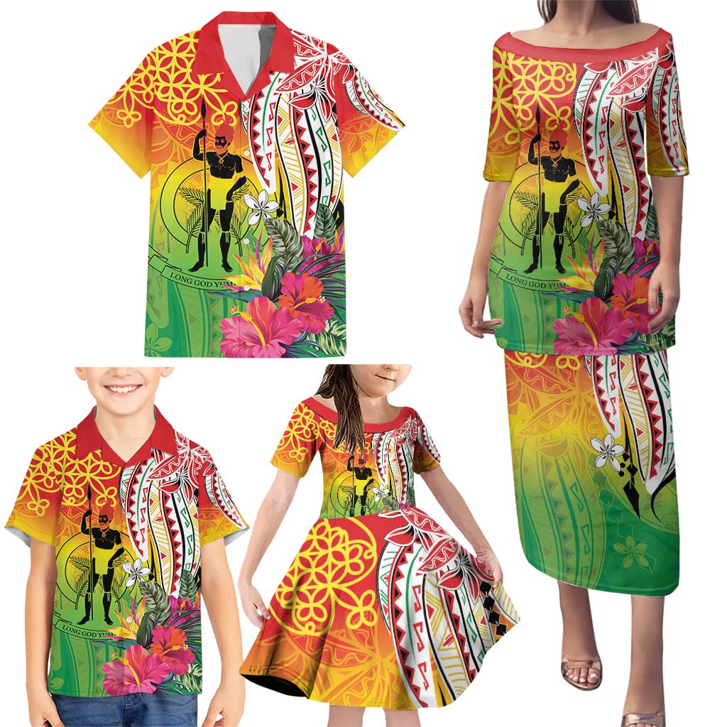Vanuatu 45th Anniversary Family Matching Puletasi and Hawaiian Shirt Polynesian with Sand Drawing Pattern