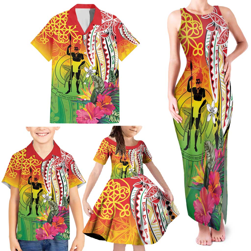 Vanuatu 45th Anniversary Family Matching Tank Maxi Dress and Hawaiian Shirt Polynesian with Sand Drawing Pattern