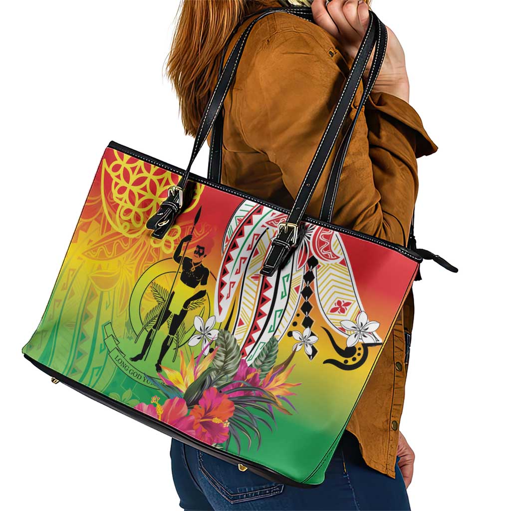 Vanuatu 45th Anniversary Leather Tote Bag Polynesian with Sand Drawing Pattern