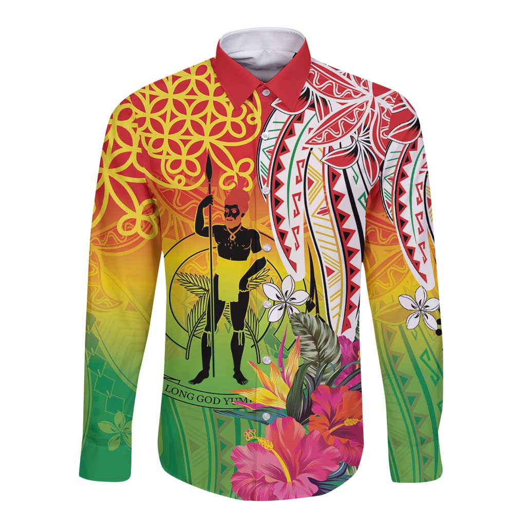 Vanuatu 45th Anniversary Long Sleeve Button Shirt Polynesian with Sand Drawing Pattern