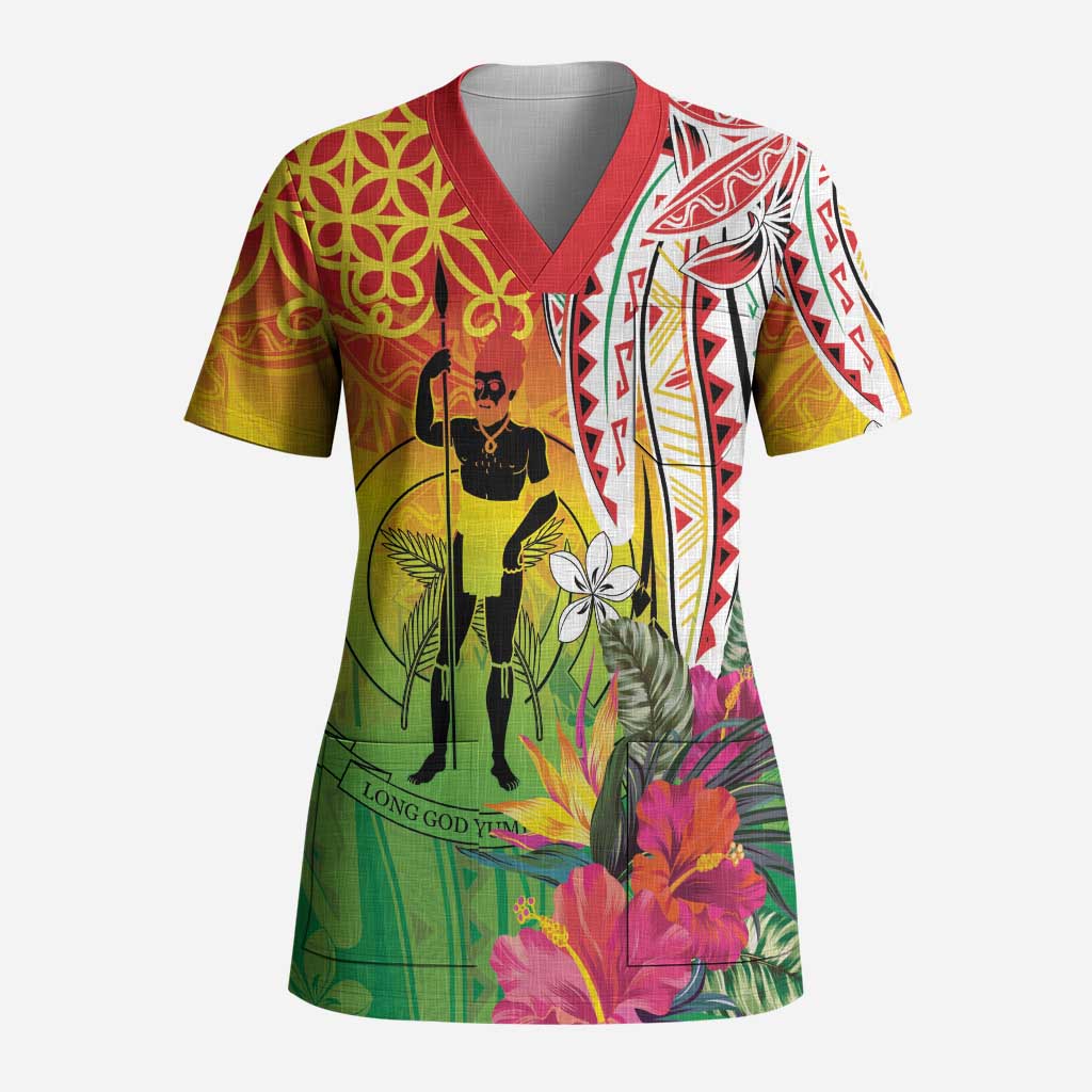 Vanuatu 45th Anniversary Scrub Top Polynesian with Sand Drawing Pattern - Polynesian Pride