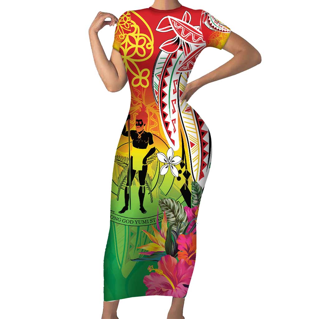 Vanuatu 45th Anniversary Short Sleeve Bodycon Dress Polynesian with Sand Drawing Pattern
