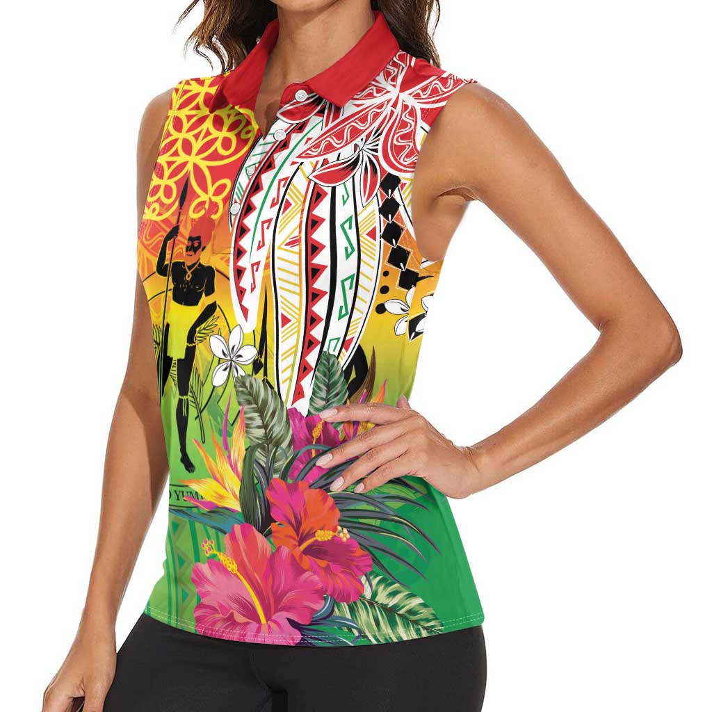 Vanuatu 45th Anniversary Women Sleeveless Polo Shirt Polynesian with Sand Drawing Pattern