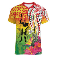 Vanuatu 45th Anniversary Women V-Neck T-Shirt Polynesian with Sand Drawing Pattern