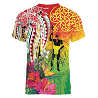 Vanuatu 45th Anniversary Women V-Neck T-Shirt Polynesian with Sand Drawing Pattern